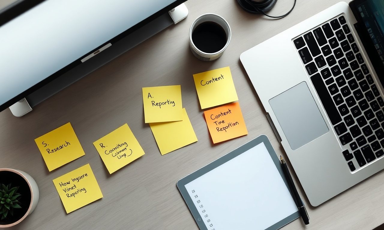 Flusso di lavoro SEO dalla ricerca keyword al report, pianificato su una scrivania
